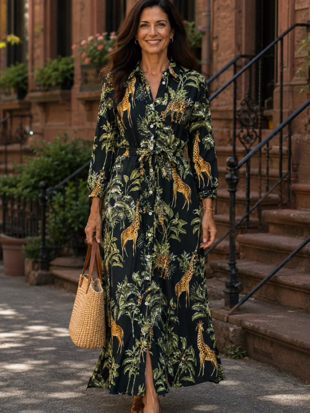Guadeloupe Bianca Collared Maxi Dress RainForest Animal Print Size M